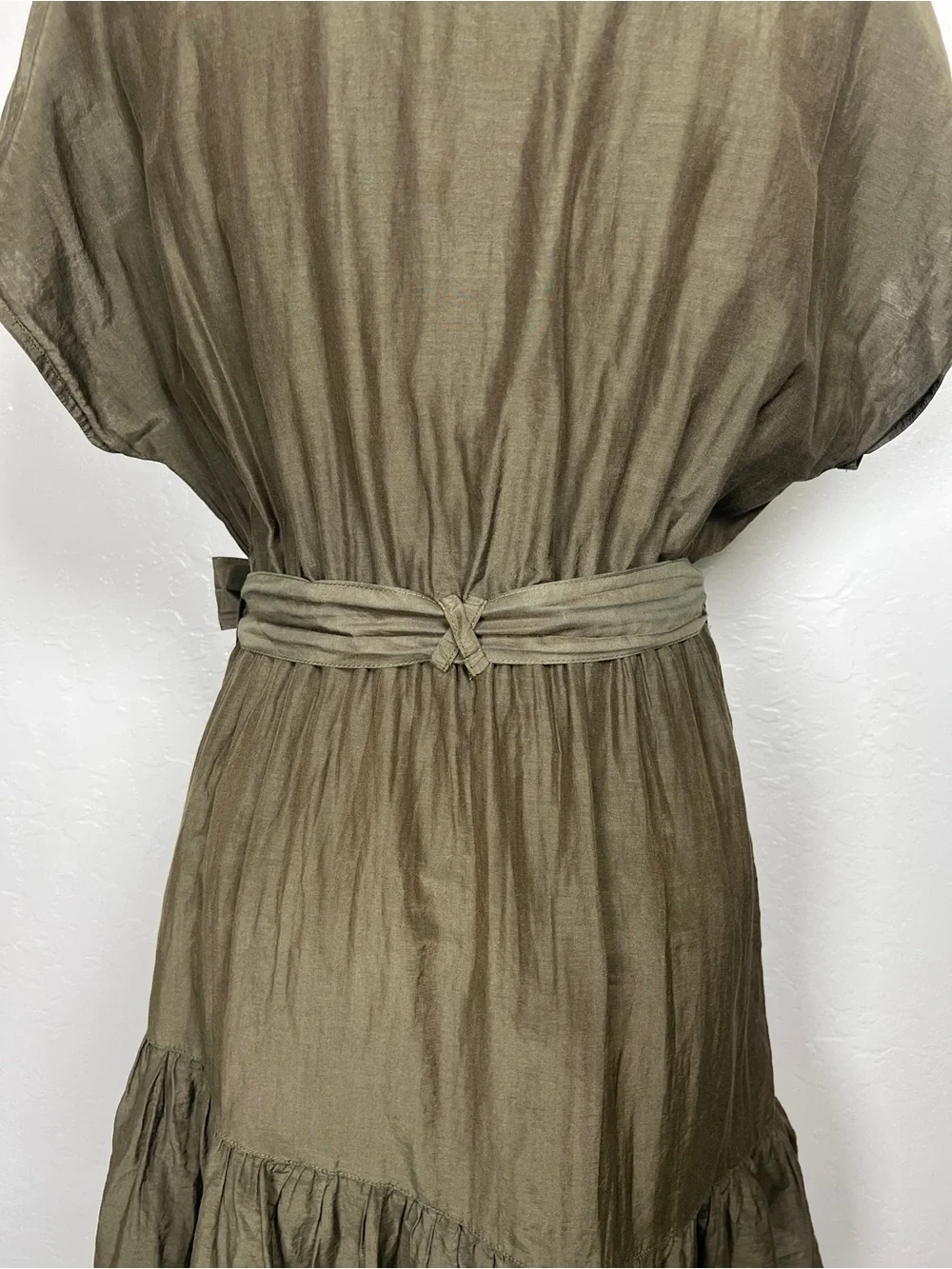 XIRENA Women’s Size S Olive Green Cotton Short Sleeve Faux Wrap Belted Dress - Picture 9 of 10